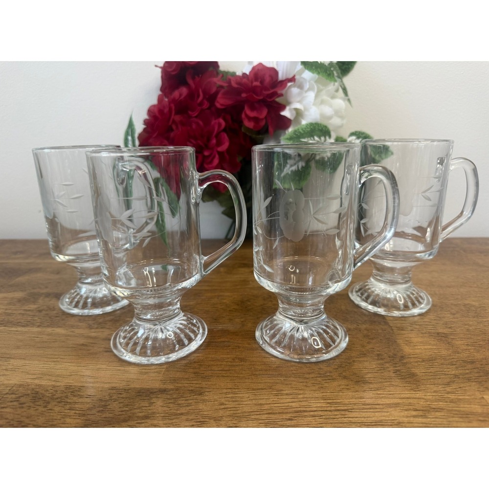 Vintage Etched Floral Pedestal Coffee Mugs Set Retro Irish Spanish‎ MCM Dining